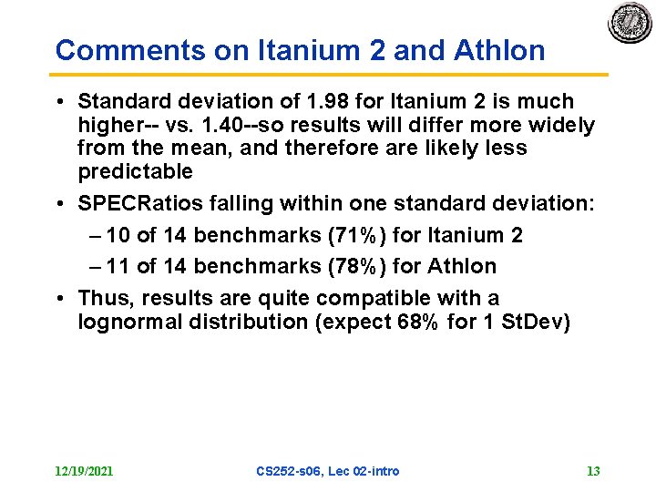 Comments on Itanium 2 and Athlon • Standard deviation of 1. 98 for Itanium