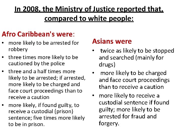 In 2008, the Ministry of Justice reported that, compared to white people: Afro Caribbean's