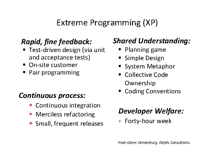 Extreme Programming (XP) Rapid, fine feedback: § Test-driven design (via unit and acceptance tests)