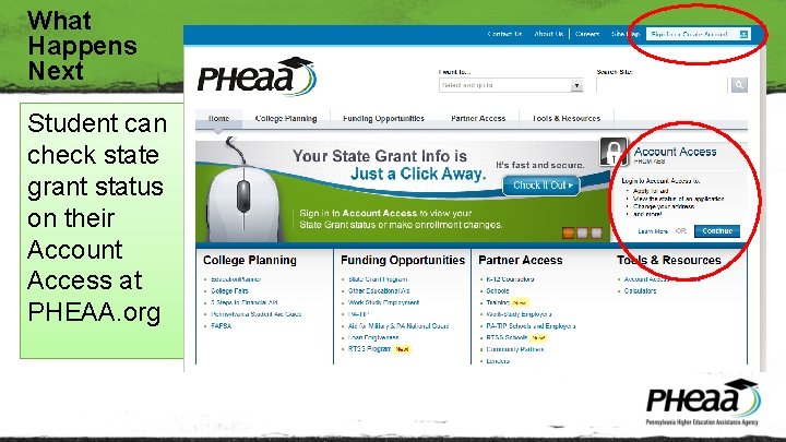What Happens Next Student can check state grant status on their Account Access at