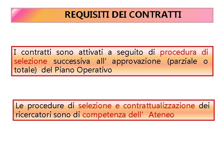 REQUISITI DEI CONTRATTI I contratti sono attivati a seguito di procedura di selezione successiva