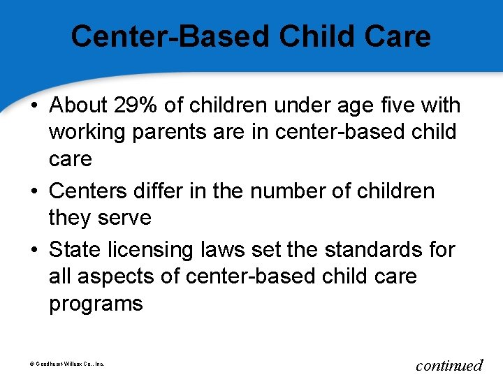 Center-Based Child Care • About 29% of children under age five with working parents