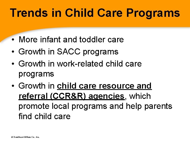 Trends in Child Care Programs • More infant and toddler care • Growth in