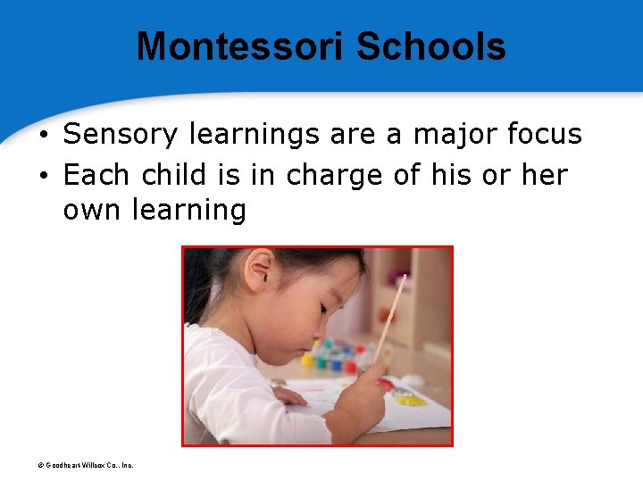 Montessori Schools • Sensory learnings are a major focus • Each child is in