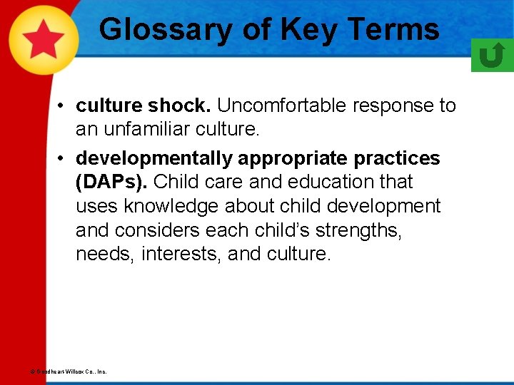 Glossary of Key Terms • culture shock. Uncomfortable response to an unfamiliar culture. •