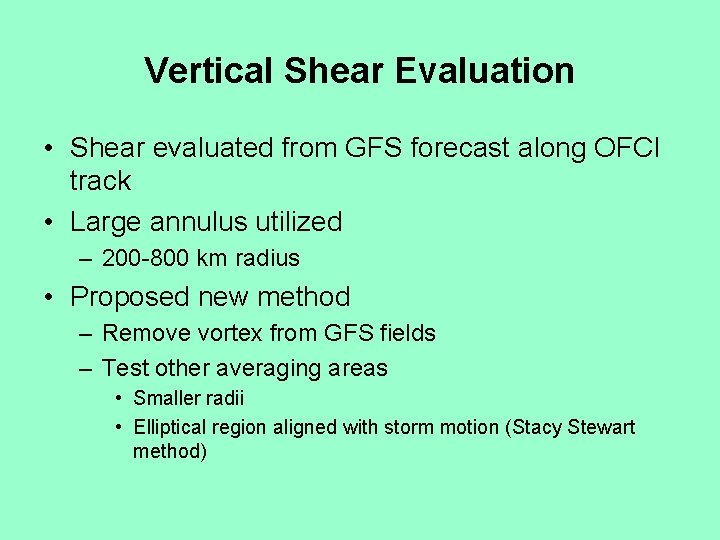 Vertical Shear Evaluation • Shear evaluated from GFS forecast along OFCI track • Large