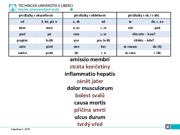 předložky s akuzativem předložky s ablativem předložky s ak. i s abl. ad k,