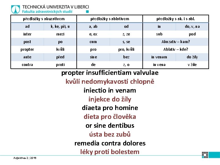 předložky s akuzativem předložky s ablativem předložky s ak. i s abl. ad k,