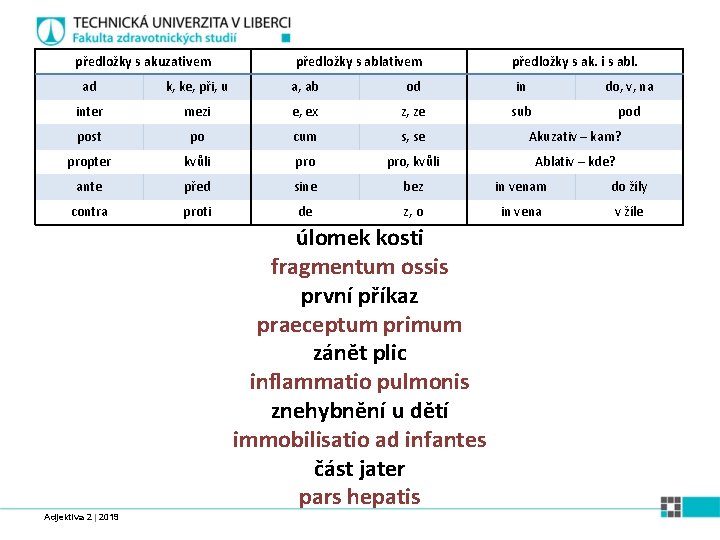 předložky s akuzativem předložky s ablativem předložky s ak. i s abl. ad k,