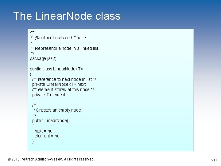 The Linear. Node class /** * @author Lewis and Chase * * Represents a