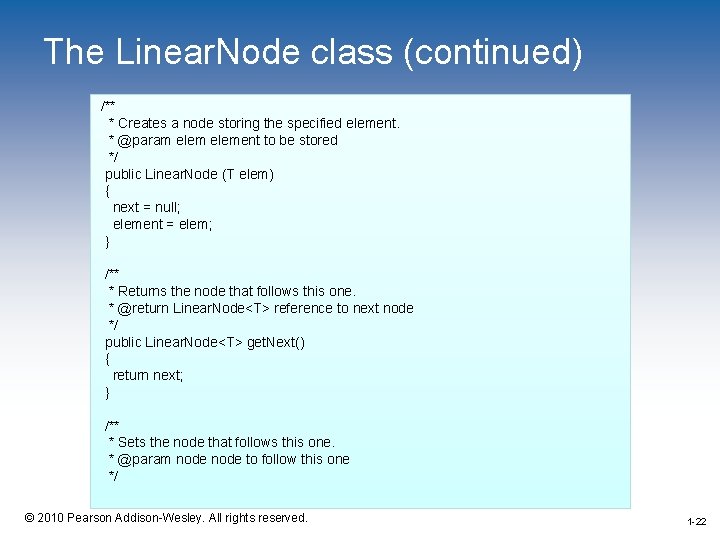 The Linear. Node class (continued) /** * Creates a node storing the specified element.