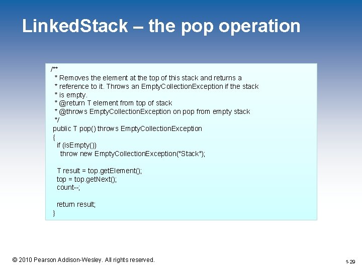 Linked. Stack – the pop operation /** * Removes the element at the top
