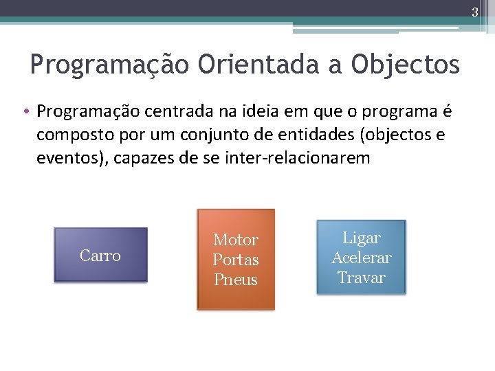 3 Programação Orientada a Objectos • Programação centrada na ideia em que o programa