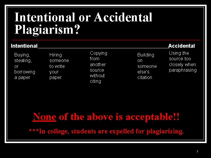 Intentional or Accidental Plagiarism? Intentional_________________________________________Accidental Buying, stealing, or borrowing a paper Hiring someone to Intentional or Accidental Plagiarism? Intentional_________________________________________Accidental Buying, stealing, or borrowing a paper Hiring someone to