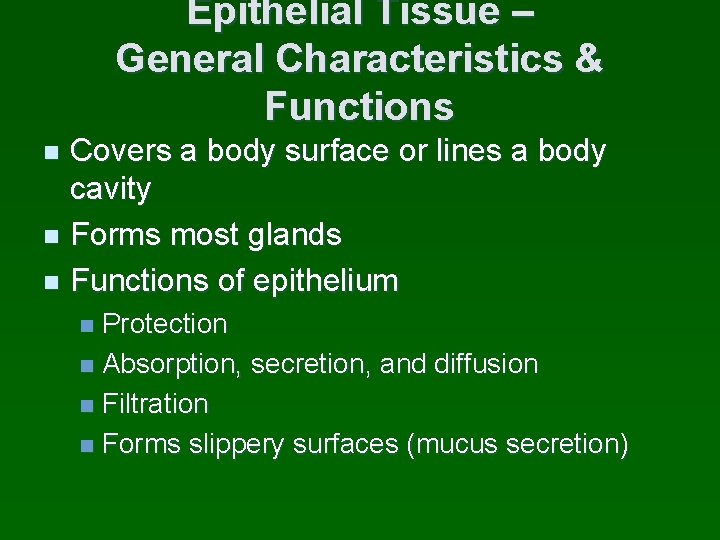 Epithelial Tissue – General Characteristics & Functions Covers a body surface or lines a