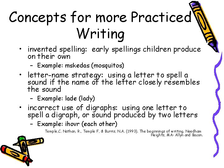 Concepts for more Practiced Writing • invented spelling: early spellings children produce on their