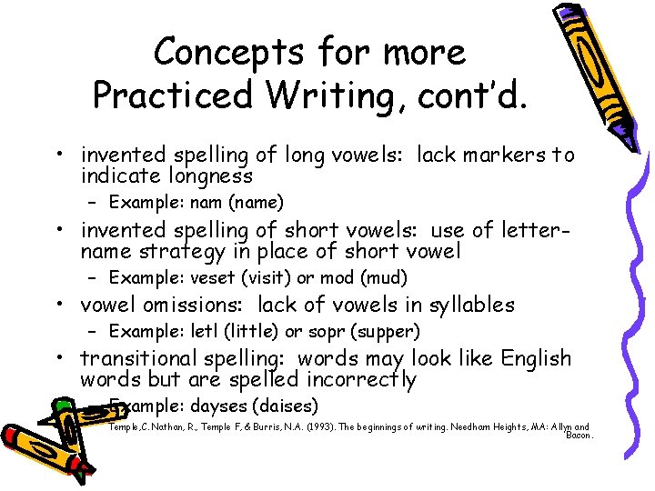 Concepts for more Practiced Writing, cont’d. • invented spelling of long vowels: lack markers