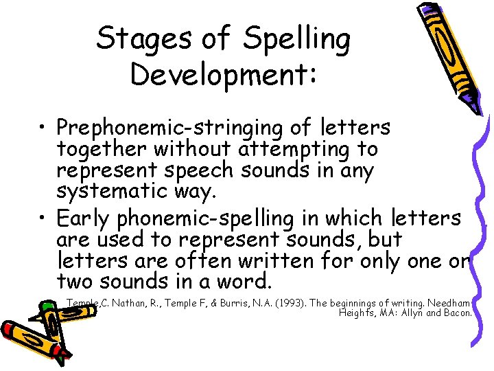 Stages of Spelling Development: • Prephonemic-stringing of letters together without attempting to represent speech