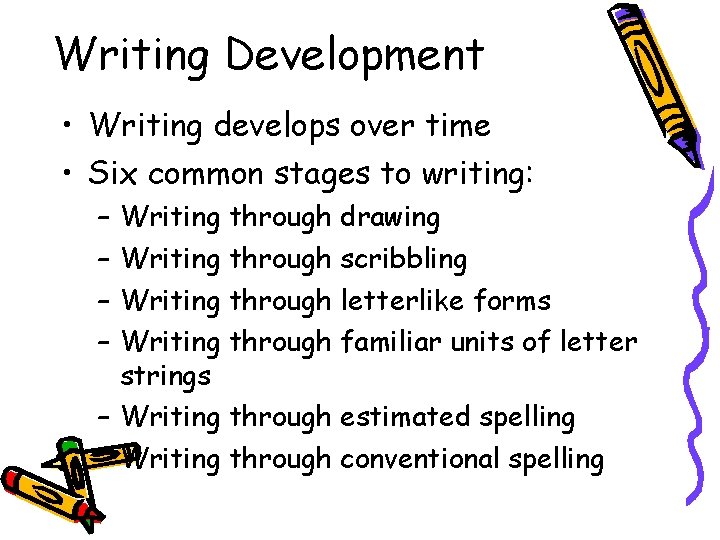 Writing Development • Writing develops over time • Six common stages to writing: –