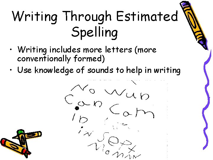 Writing Through Estimated Spelling • Writing includes more letters (more conventionally formed) • Use