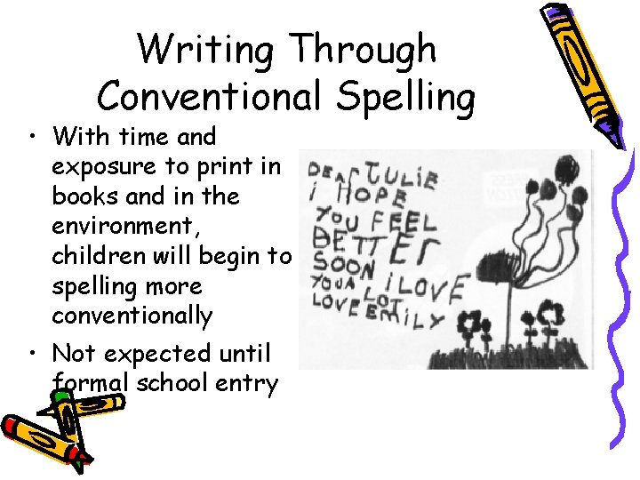 Writing Through Conventional Spelling • With time and exposure to print in books and