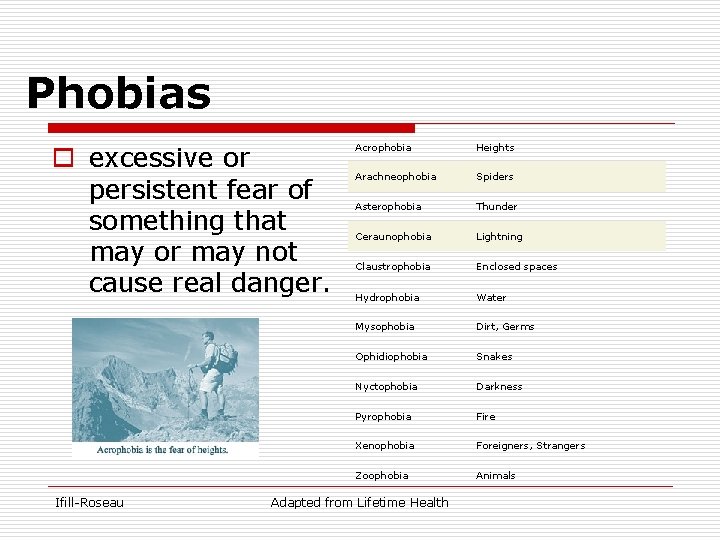 Phobias o excessive or persistent fear of something that may or may not cause