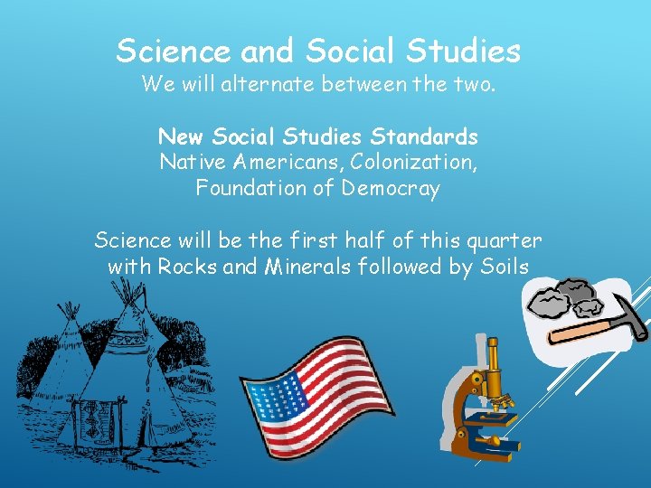 Science and Social Studies We will alternate between the two. New Social Studies Standards