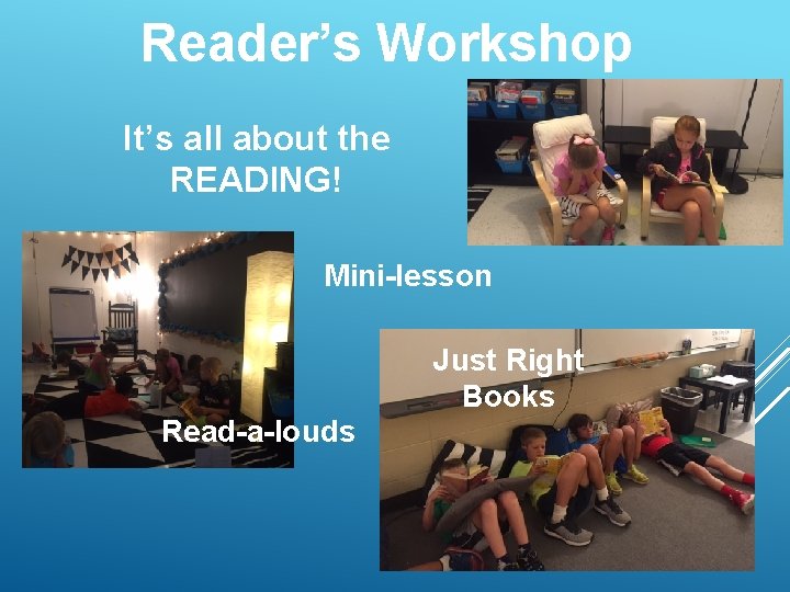Reader’s Workshop It’s all about the READING! Mini-lesson Just Right Books Read-a-louds 