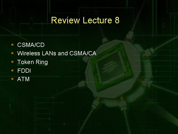 Review Lecture 8 w w w CSMA/CD Wireless LANs and CSMA/CA Token Ring FDDI