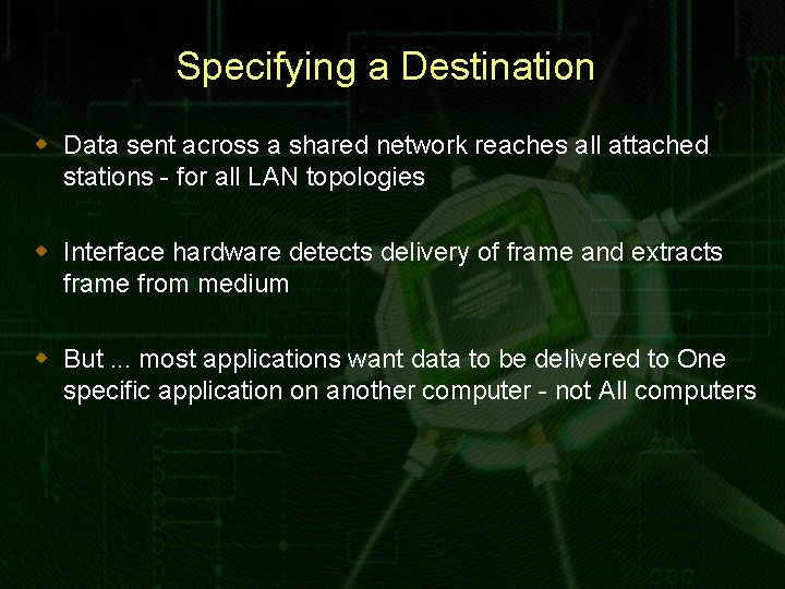 Specifying a Destination w Data sent across a shared network reaches all attached stations