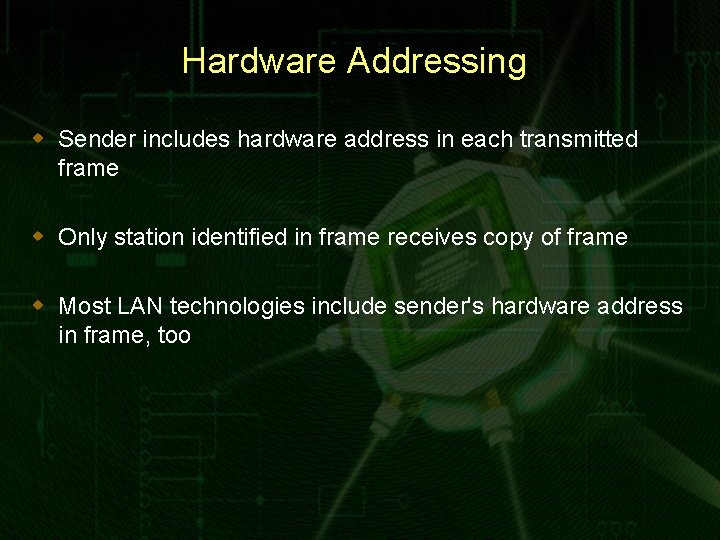 Hardware Addressing w Sender includes hardware address in each transmitted frame w Only station