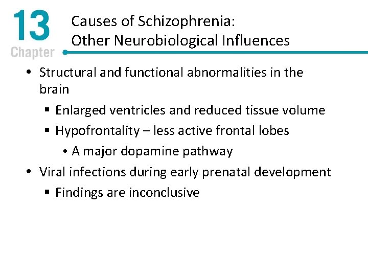 Causes of Schizophrenia: Other Neurobiological Influences Structural and functional abnormalities in the brain §