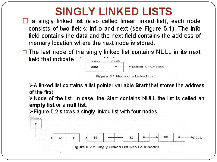 SINGLY LINKED LISTS � a singly linked list (also called linear linked list), each