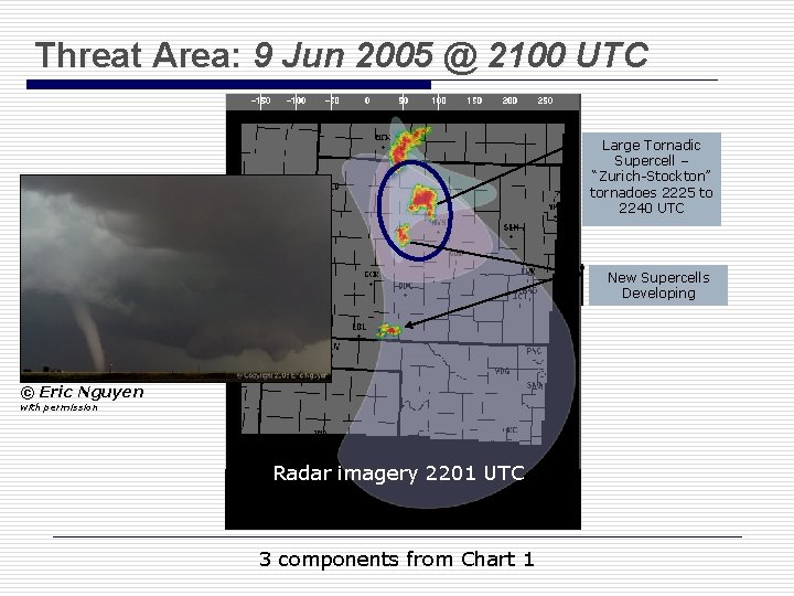 Threat Area: 9 Jun 2005 @ 2100 UTC Large Tornadic Supercell – “Zurich-Stockton” tornadoes