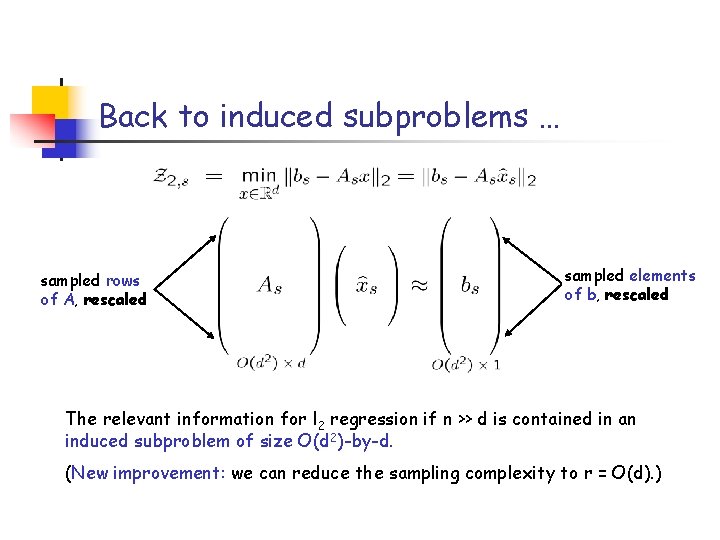 Back to induced subproblems … sampled rows of A, rescaled sampled elements of b,