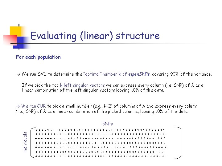Evaluating (linear) structure For each population We ran SVD to determine the “optimal” number