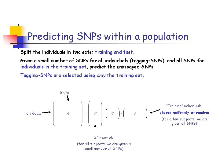 Predicting SNPs within a population Split the individuals in two sets: training and test.