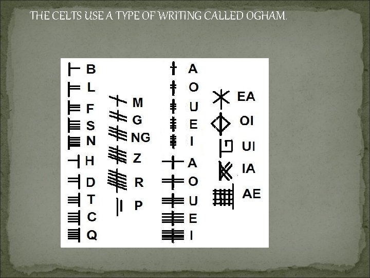 THE CELTS USE A TYPE OF WRITING CALLED OGHAM. 