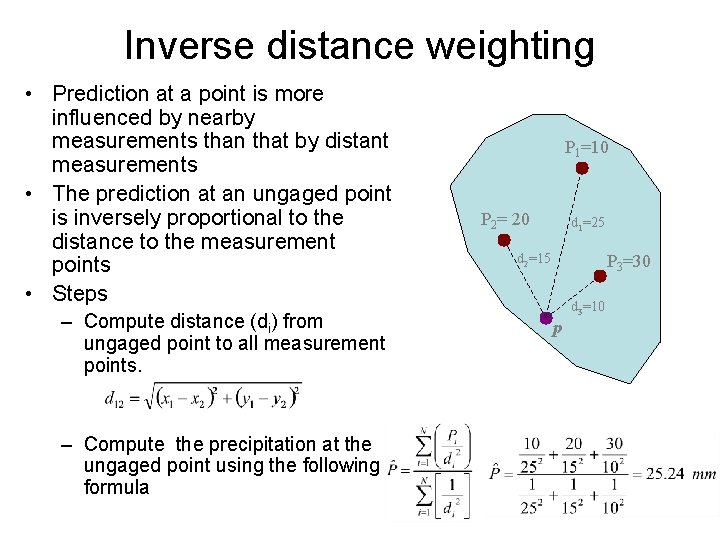 Inverse distance weighting • Prediction at a point is more influenced by nearby measurements