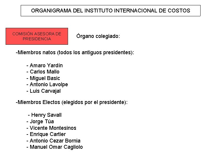 ORGANIGRAMA DEL INSTITUTO INTERNACIONAL DE COSTOS COMISIÓN ASESORA DE PRESIDENCIA Órgano colegiado: -Miembros natos