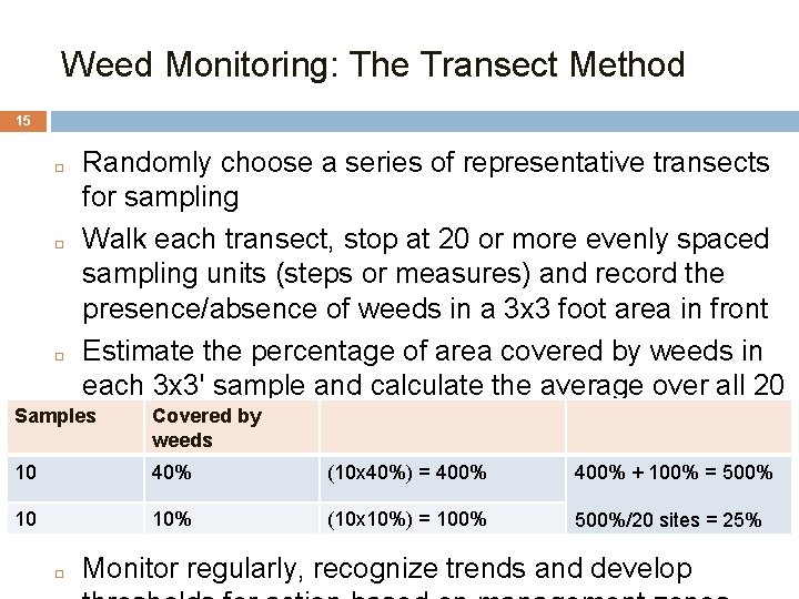 Weed Monitoring: The Transect Method 15 Randomly choose a series of representative transects for