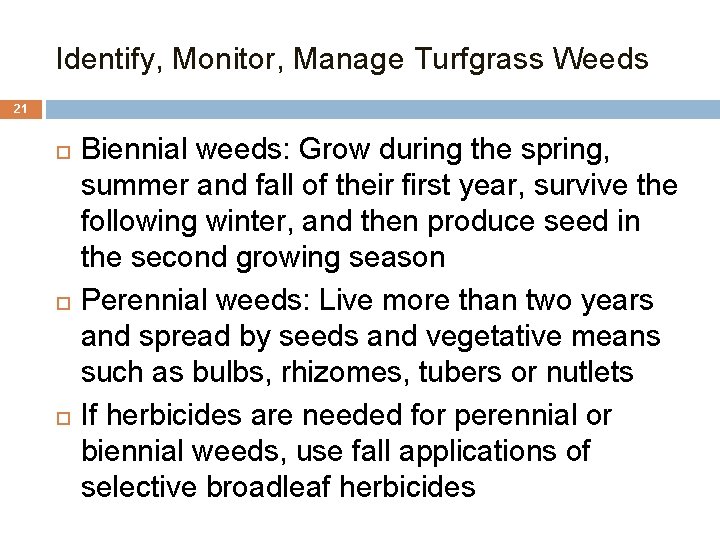 Identify, Monitor, Manage Turfgrass Weeds 21 Biennial weeds: Grow during the spring, summer and