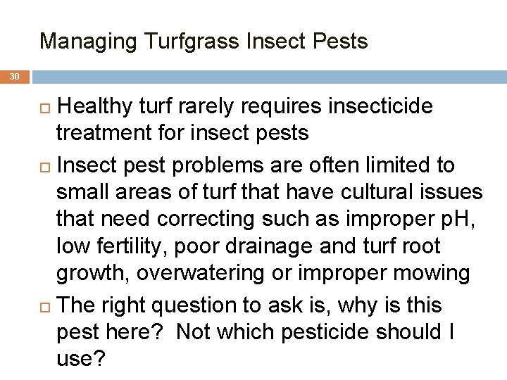 Managing Turfgrass Insect Pests 30 Healthy turf rarely requires insecticide treatment for insect pests