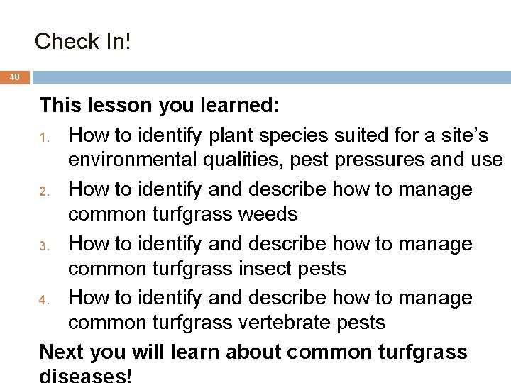 Check In! 40 This lesson you learned: 1. How to identify plant species suited