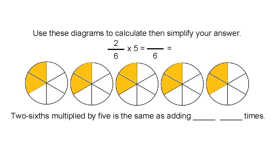 Use these diagrams to calculate then simplify your answer. 2 x 5= = 6