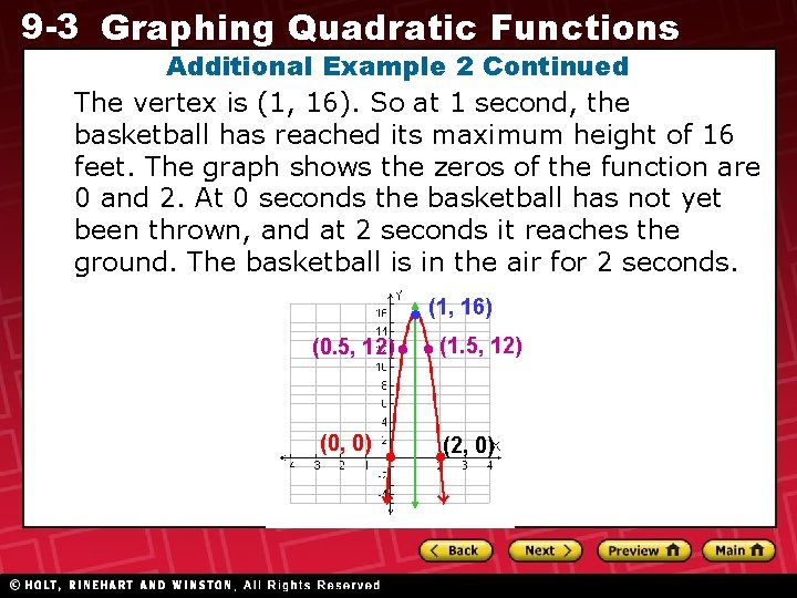 9 -3 Graphing Quadratic Functions Additional Example 2 Continued The vertex is (1, 16).
