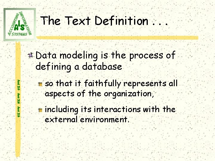 The Text Definition. . . Data modeling is the process of defining a database