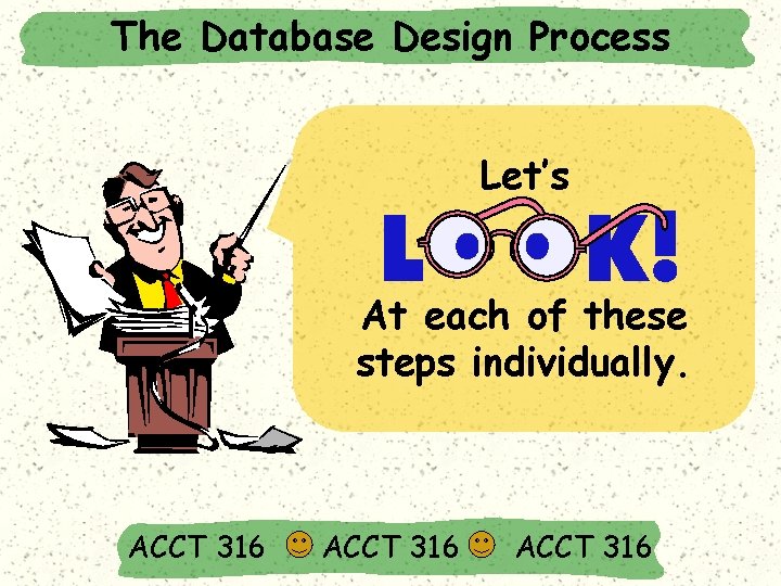 The Database Design Process Let’s At each of these steps individually. ACCT 316 