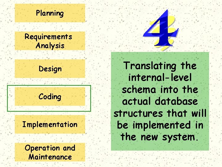 Planning Requirements Analysis Design Coding Implementation Operation and Maintenance Translating the internal-level schema into