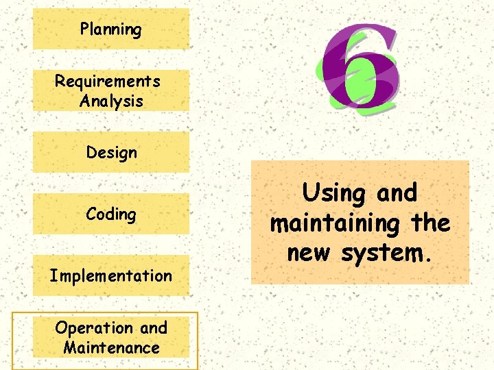 Planning Requirements Analysis Design Coding Implementation Operation and Maintenance Using and maintaining the new